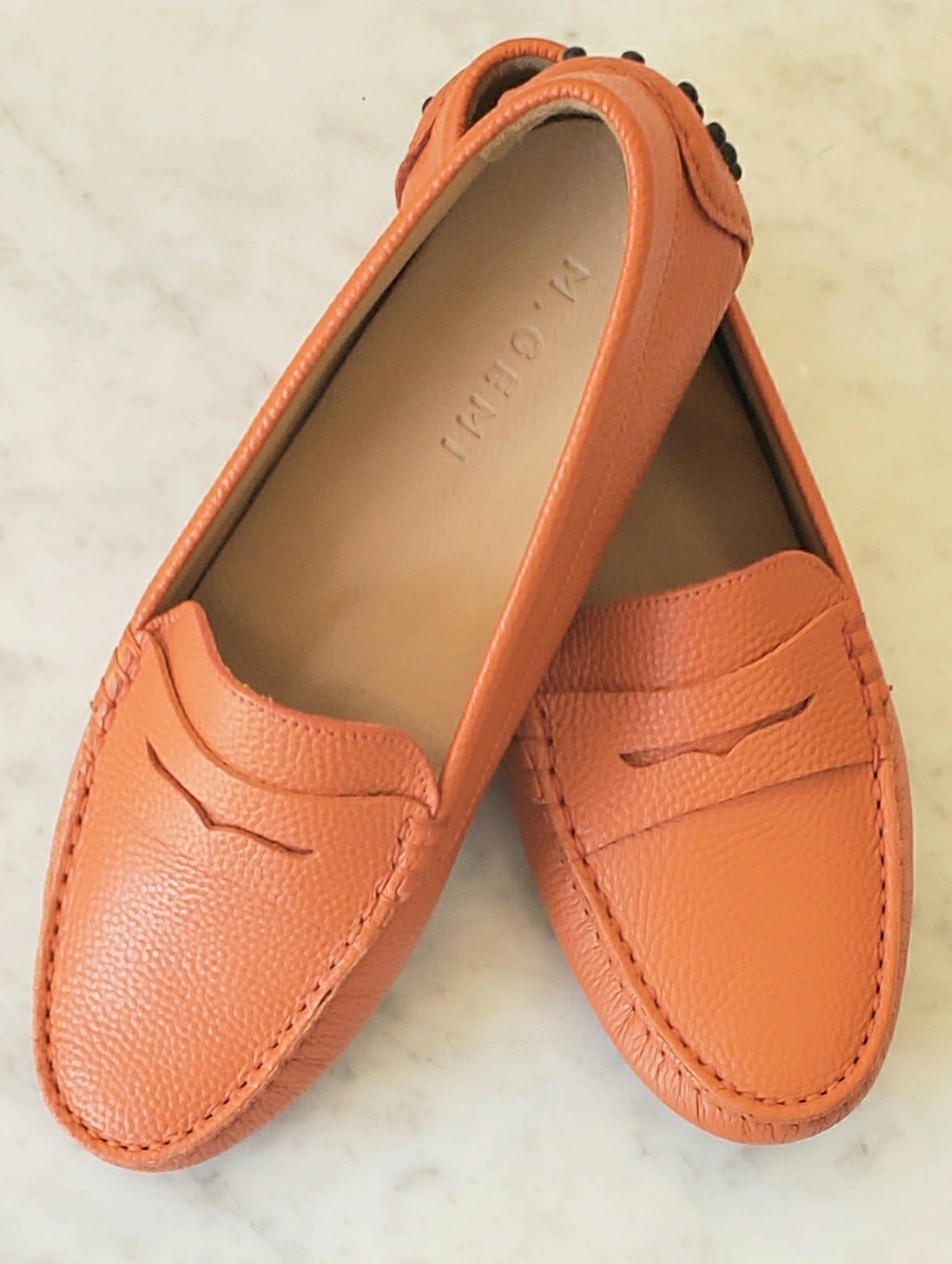 M. Gemi Italy Pebble Leather Loafer Orange/Coral Driving Sole EUC Size 37